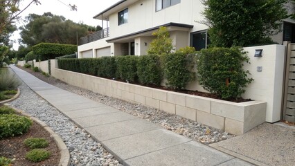 Low concrete block wall with a low-growing hedge on either side and a pebble stone sidewalk leading up to the entrance of a modern house, modern house, 