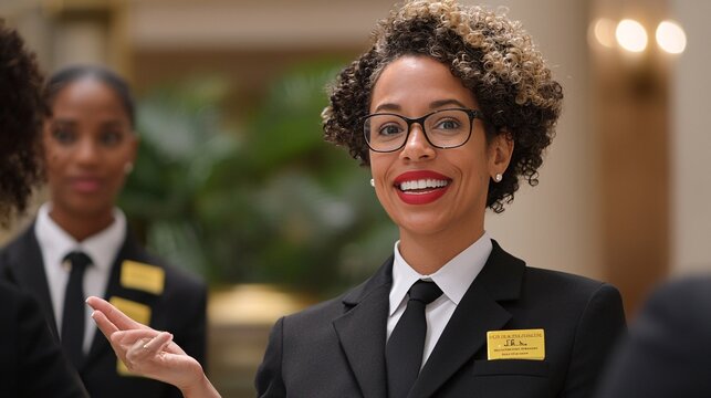 Professional hotel staff welcoming guests with warm smiles, showcasing hospitality and service excellence in an elegant setting with refined attire.