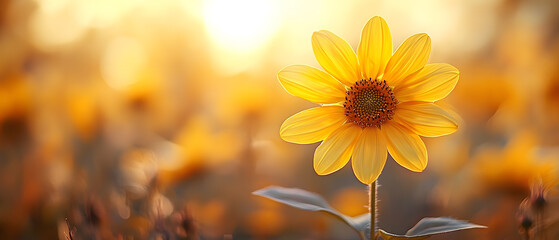 Obraz premium Close-up of a vibrant sunflower illuminated by warm sunlight, set against a softly blurred golden background. Evokes warmth and serenity.