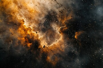 Obraz premium A nebula with bright orange and yellow gas clouds against a dark starry background.