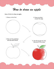 How to draw and color an apple for children. Step by step drawing tutorial. A simple guide to learning to draw. Drawing and coloring worksheet. Coloring apple, Line, geometric shape, abstract,