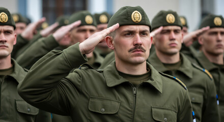 Estonian soldiers giving salute during ceremony military, glory and honor, dignified military uniform