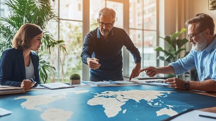 Business Meeting with Diverse Team Collaborating Over World Map, Analyzing Strategies and Planning for Global Expansion in Modern Office Environment
