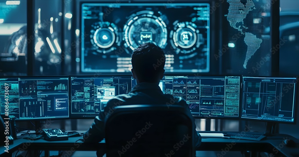 Poster Cybersecurity analysis in control room corporate office digital surveillance high-tech environment close-up view data monitoring
