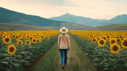 Fototapeta premium Woman Walking Through Vibrant Sunflower Field with Majestic Mountains in the Background, Capturing Nature's Beauty and Serenity in a Rural Landscape