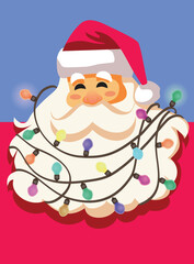 
Santa Claus with Tangled Christmas Lights in his Beard Vector Cartoon
Clumsy Santa getting stuck in decorating the Xmas tree 
