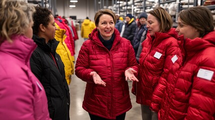 Group of Women Engaged in Discussion During Outdoor Gear Meeting in Warehouse, Showcasing Vibrant Winter Jackets in a Well-Organized Setting
