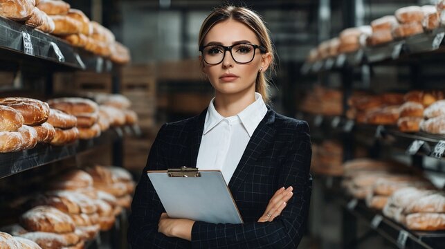 Confident Businesswoman in a Bakery Holding a Clipboard Surrounded by Freshly Baked Bread, Exhibiting Professionalism and Leadership in Food Industry