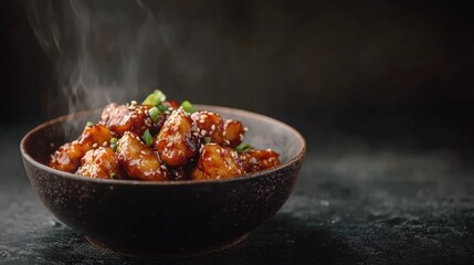 A bowl of steaming, delicious chicken with a sweet and savory sauce, garnished with green onions and sesame seeds.