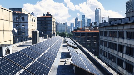 Solar panel installation urban rooftop technology infrastructure cityscape aerial view sustainable energy