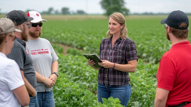 Knowledgeable agricultural consultant leading a discussion among farmers in a green field, highlighting sustainable practices and crop management techniques.