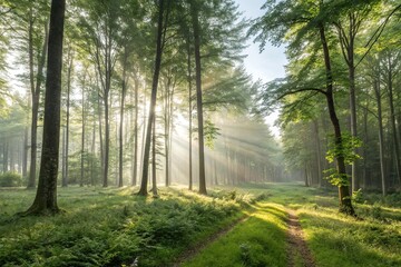 Obraz premium Panorama of a serene wald with sunbeams filtering through trees, leafy branches, forest landscape