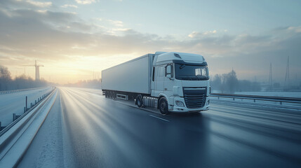 Illustration of a truck with a white empty side trailer for inserting images or text, Truck on the highway, moving heavy goods