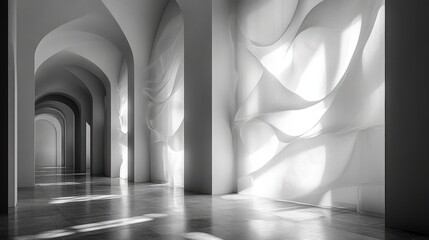 A serene corridor with flowing fabric and light, creating a tranquil atmosphere.
