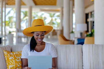 Joyful woman wearing a large straw hat sitting comfortably on a sofa while using a tablet computer in a bright and airy resort lobby with tropical decor - Powered by Adobe