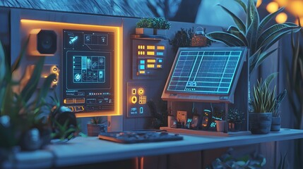 Futuristic tech workspace home office digital setup indoor close-up innovation