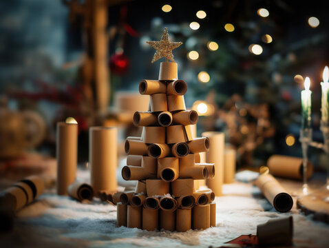 Recycled Christmas tree concept design made of reused Toilet Paper Cardboard Tubes Cores, made into a Christmas tree shape with a star on top and christmas lights, snowflakes, snowy background
