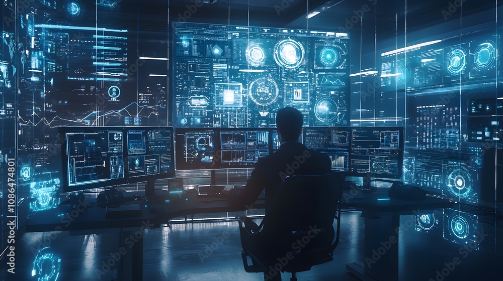 Poster Data analysis event high-tech control room digital interface futuristic environment user perspective technology insights
