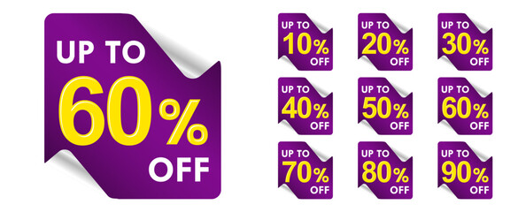 Sale tags set vector badges template, up to 10, 20, 30, 40, 50, 60, 70, 80, 90 percent off, vector illustration isolated on white background. Up to discount label with different sale percentage.