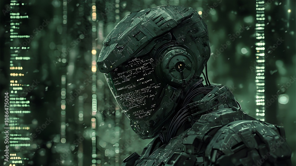 Aufkleber Futuristic robot guardian digital matrix sci-fi art cyberpunk environment close-up view technology concept
