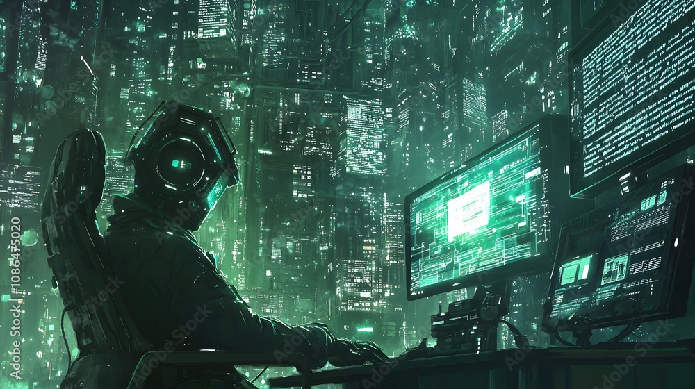 Aufkleber hacker navigates cyber city virtual space digital art futuristic environment close-up technology