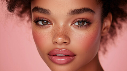Fototapeta premium close up portrait of African American woman with beautiful features, showcasing her radiant skin, expressive eyes, and natural makeup against soft pink background
