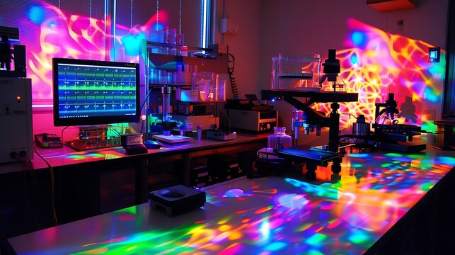 A laboratory with a setup for spectroscopic analysis, colorful light patterns, and data being captured on computers.
