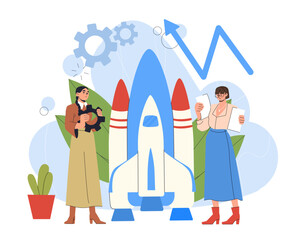 Teamwork with start up. Women near rocket. Colleagues and partners working on common business project. Communication and brainstorming. Flat vector illustration isolated on white background