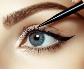 Naklejka premium close up of woman eye with striking blue iris, showcasing precise eyeliner application. natural makeup enhances her features, highlighting beauty of her eye