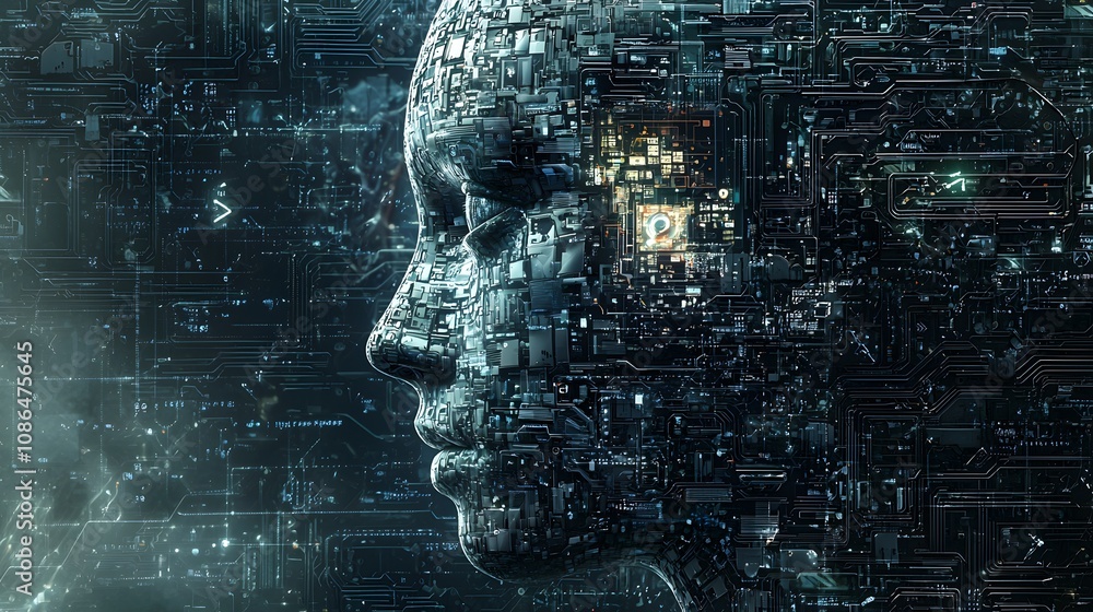 Aufkleber Digital transformation of humanity virtual realm conceptual art futuristic environment profile view ai integration