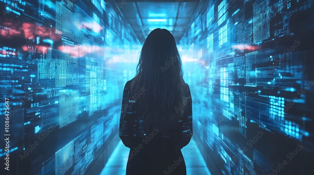 Poster Exploring digital realities individual in a tech corridor urban setting digital art futuristic environment back view technology concept