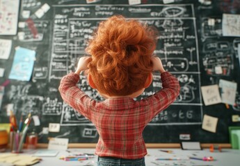 Young student with curly red hair facing a chaotic blackboard filled with notes and calculations, showcasing the challenges of learning and academic pressure in a vibrant classroom setting.