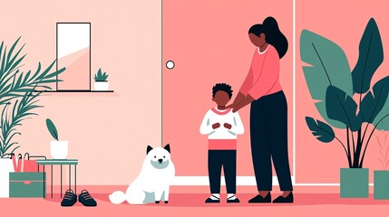 Warm and Cozy Home Scene with Mother and Son Playing Together, Cute Dog, Stylish Green Plants, Modern Interior Design, Family Bonding, Minimalist Aesthetic