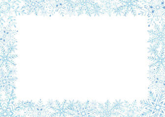 Blue snowflakes. Template postcard with copy space. Ice stars for Christmas or New Year's design. Hand drawn watercolor illustration isolated. Winter holiday frame for card, website, wrapping, sale.
