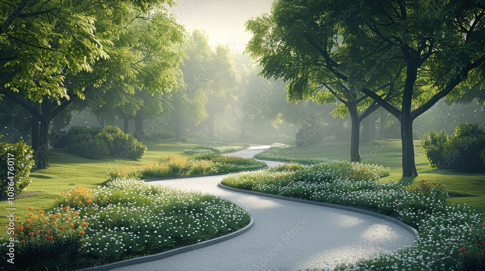 Poster a quiet park with a winding path that splits into multiple forks, symbolizing indecision and the cha