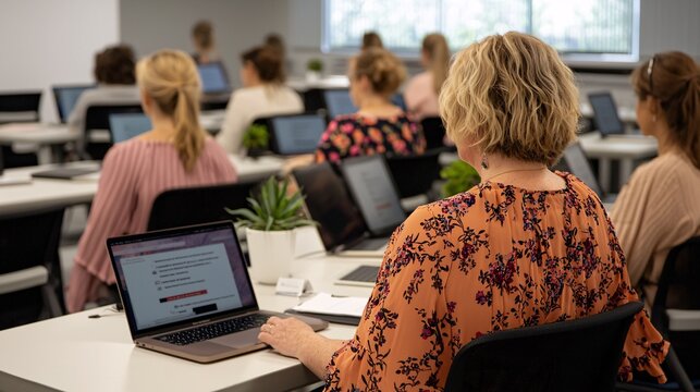 Group of Women Engaged in Learning Activity in Modern Classroom Setting with Laptops and Bright Natural Light Enhancing Collaborative Environment