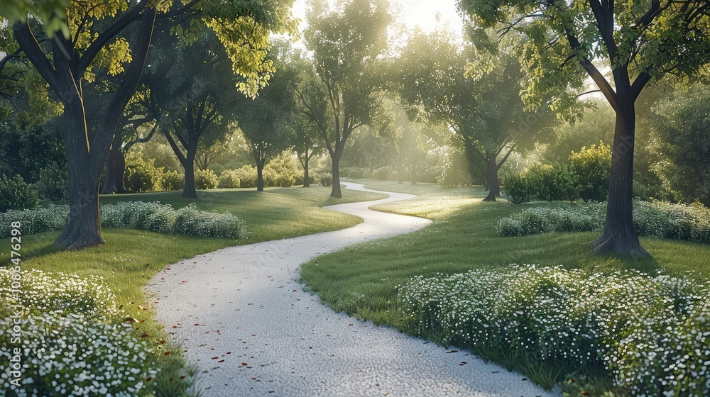 Poster a quiet park with a winding path that splits into multiple forks, symbolizing indecision and the cha