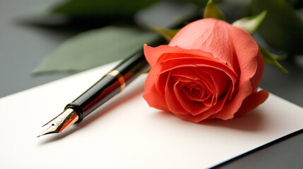 beautiful rose and fountain pen resting on blank letter, symbolizing love and romance. This elegant setup evokes feelings of affection and heartfelt communication