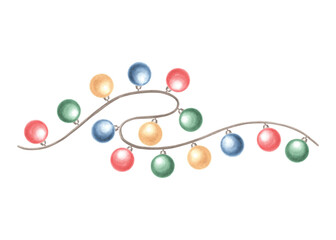 Christmas lights garland on string. Hand drawn watercolor illustration isolated. Glowing multi-colored light bulbs hanging on a wire. Winter holiday clipart. Festive template for card, print, wrapping