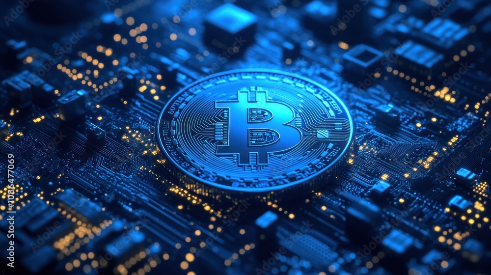 Poster a digital representation of bitcoin on a circuit board.