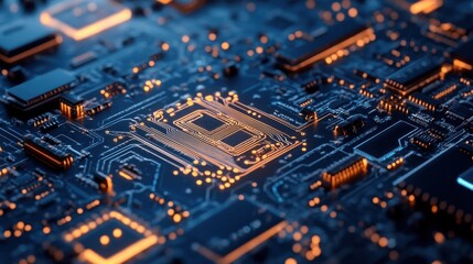 Obraz premium Close-up of a golden central processing unit (CPU) on a dark blue circuit board.