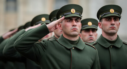 Georgian soldiers giving salute during ceremony military, glory and honor, dignified military uniform