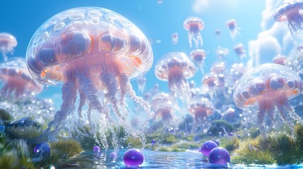 Digital technology purple future glass jellyfish landscape illustration poster background