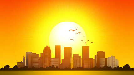 sunset over city skyline with birds flying