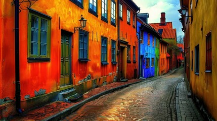 Naklejka premium Traditional colorful street in Swedish town Ystad.