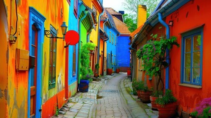 Fototapeta premium Traditional colorful street in Swedish town Ystad.