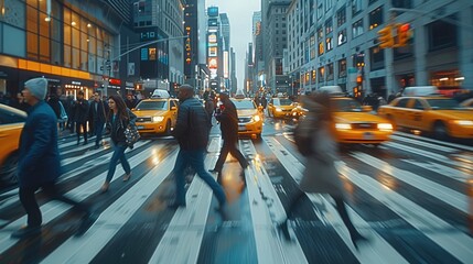 Many business people crossing a busy city street, with motion blur to emphasize the hustle and bustle.