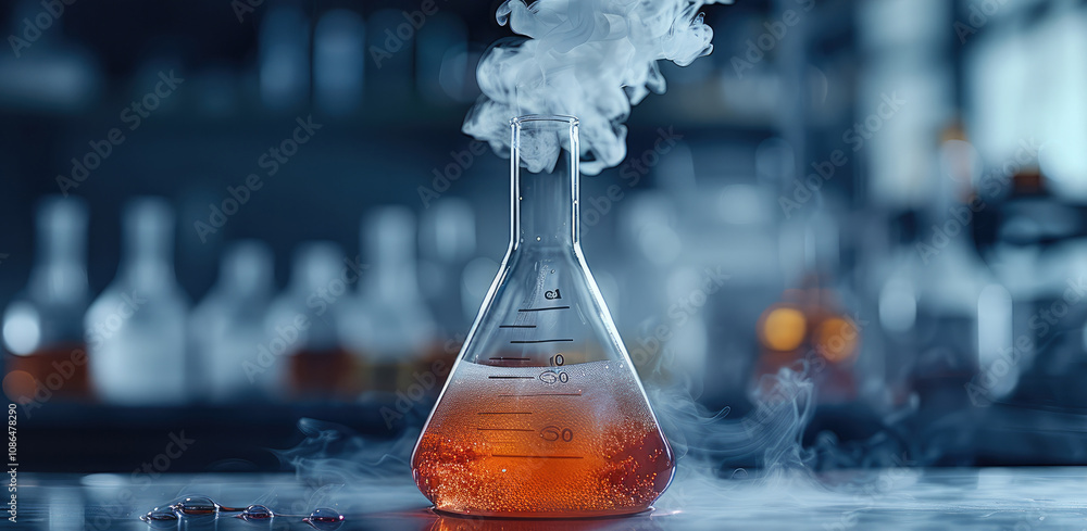 Poster a chemistry flask with bubbling liquid and smoke, set in a laboratory environment with a dark backgr