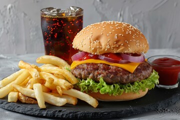 Tasty Burger Meal with Soda, Fries, and Sauce on Gray Background