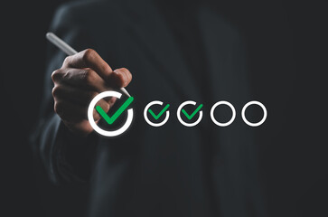 Businesswoman evaluating with checkboxes online on virtual screen. Assessment survey online, choose...